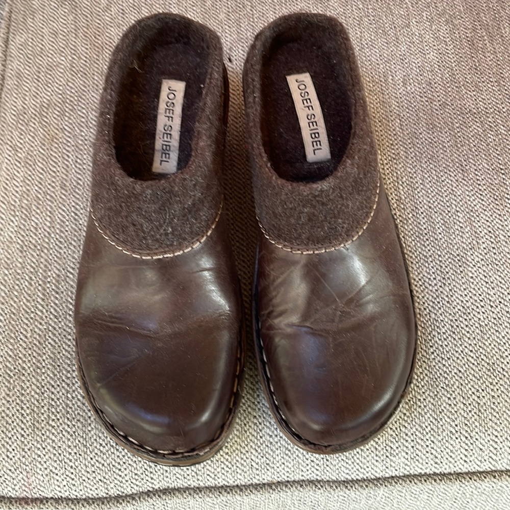 Josef Seibel Dark Brown Leather and Felt Clog Mules